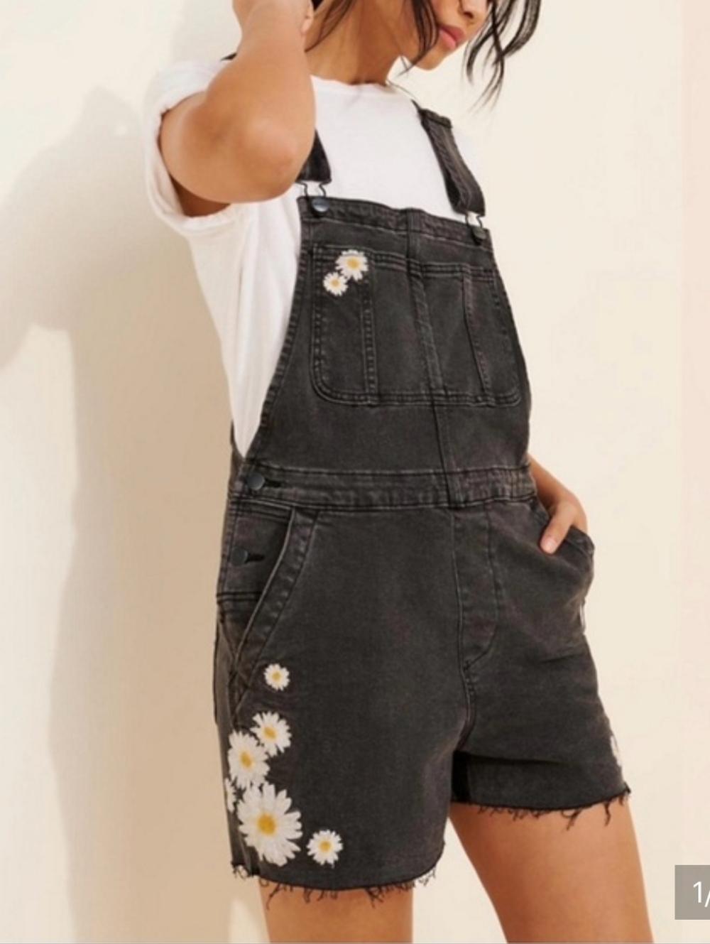 Free People Black Denim Daisy Short Overalls